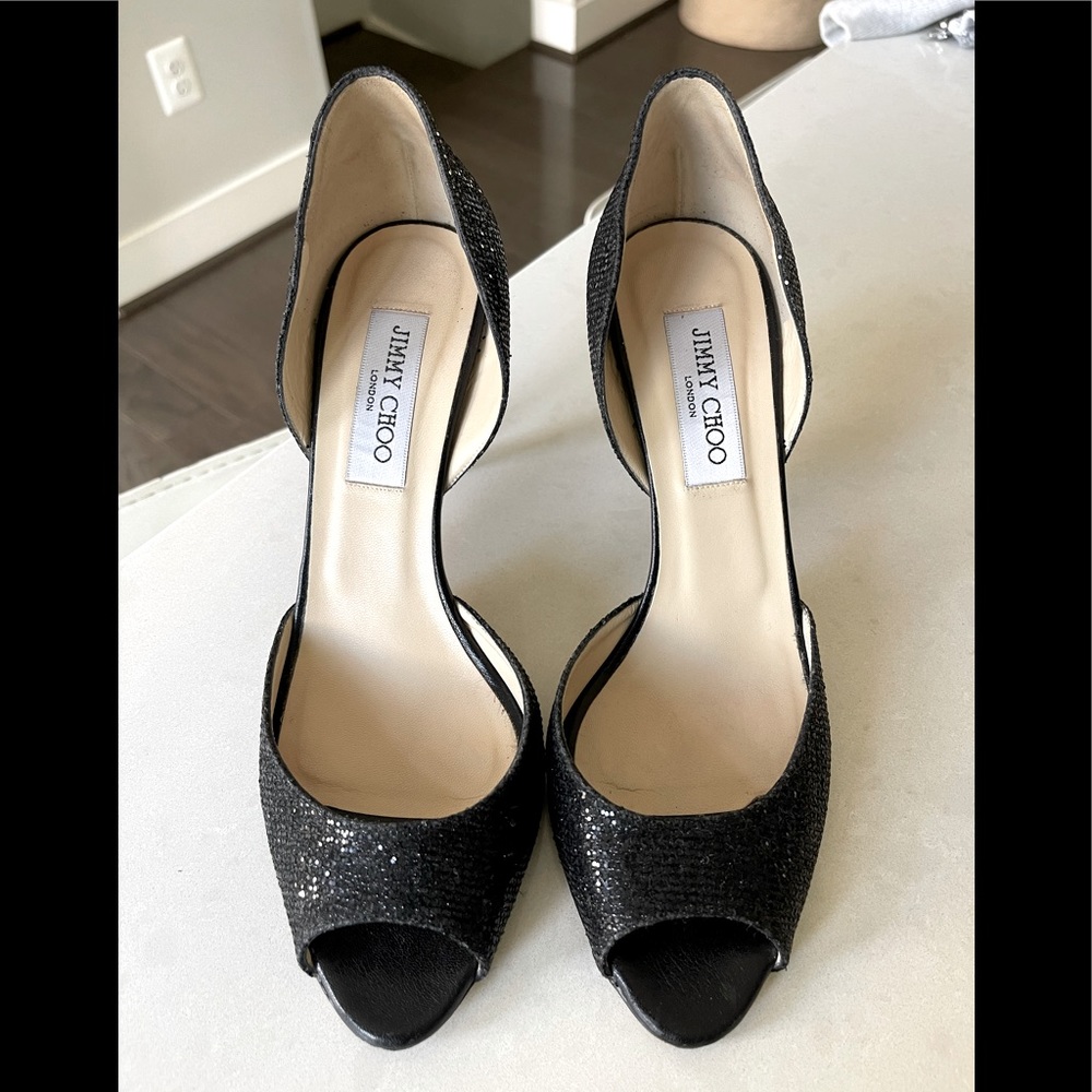 Jimmy Choo shimmering black, size 9 open toe d’orsay heels.